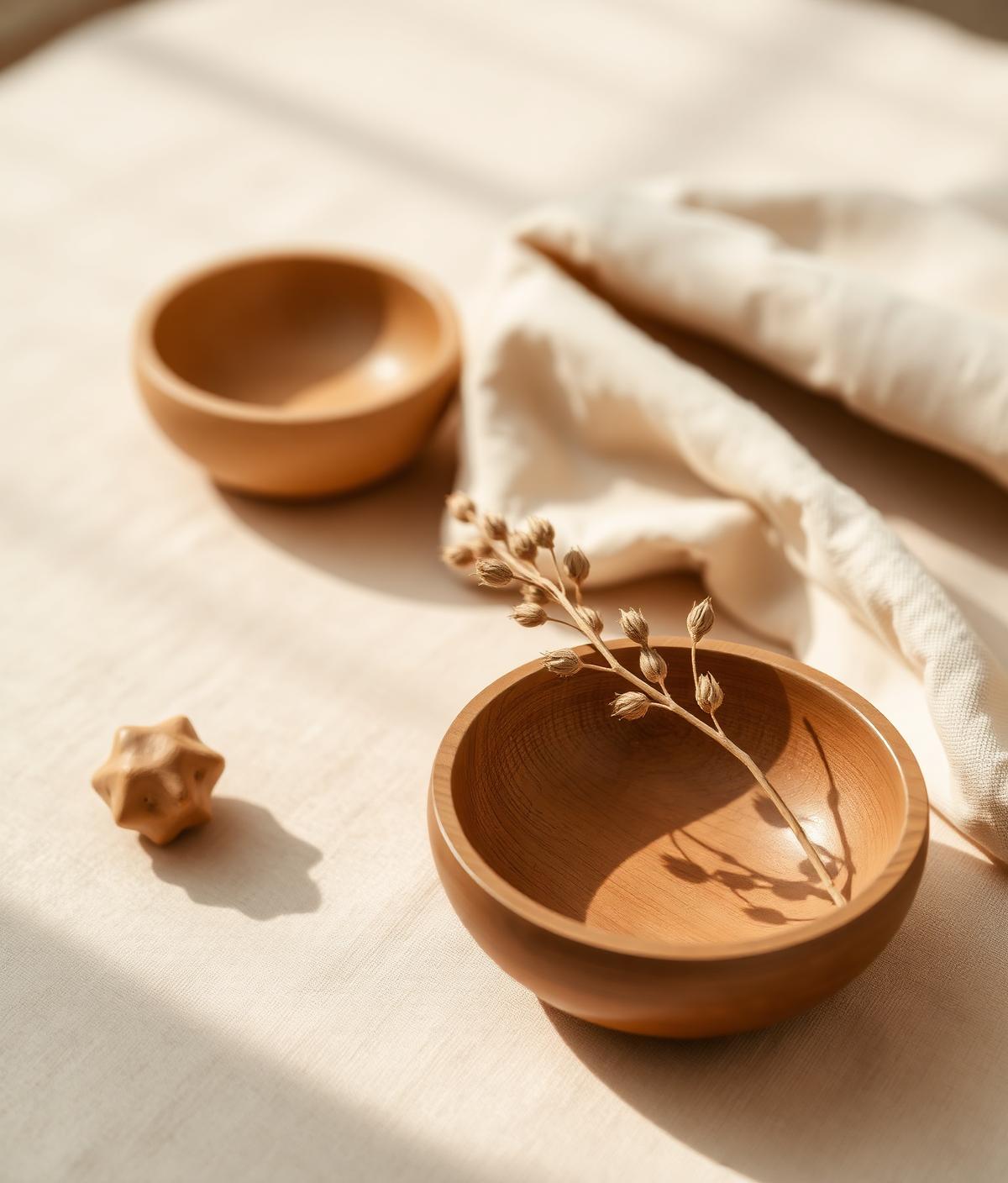 Wooden bowls, folded linen, and dried herbs in soft morning light — the quiet atmosphere of the Meds Acu clinic.
